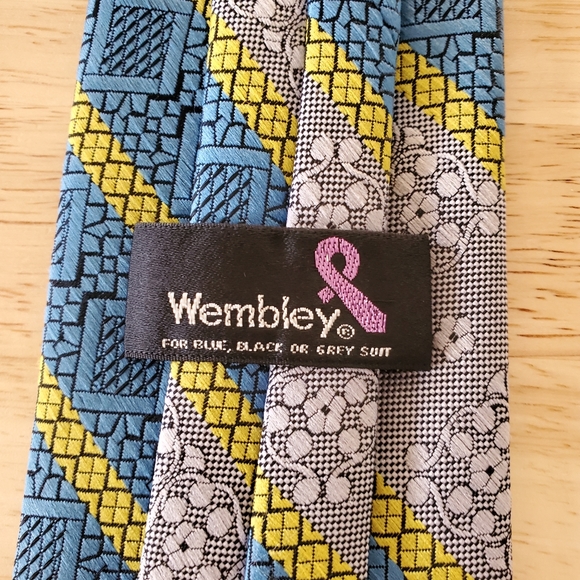 Vintage Wembley Clip-On Neck Tie Blue Yellow Gray - Picture 8 of 10